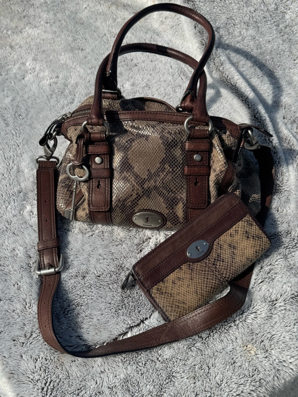 Fossil Brown Snake-Print Satchel with Dark Brown Trim